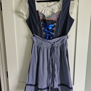Oktoberfest Blue and White Dirndl Dress with Lace Details